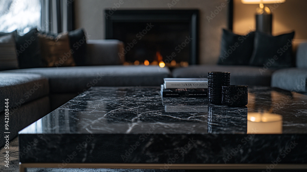Elegant modern living room design featuring a marble coffee table, cozy fireplace, and soft lighting in a stylish urban apartment setting Elegant modern living room design featuring a marble coffee table, cozy fireplace, and soft lighting in a stylish urban apartment setting