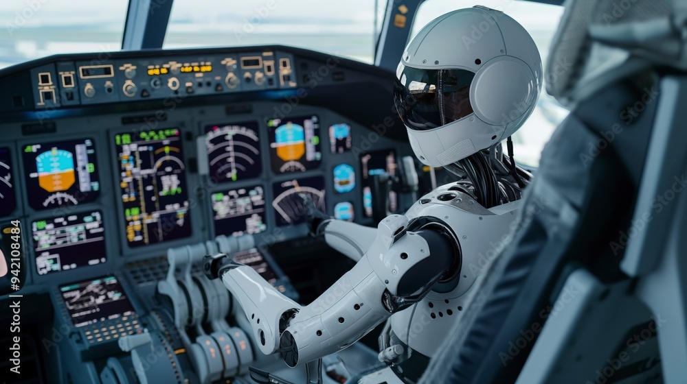 A robotic pilot operating an advanced aircraft cockpit with various controls and displays. A robotic pilot operating an advanced aircraft cockpit with various controls and displays.