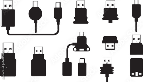 set of usb silhouette white background