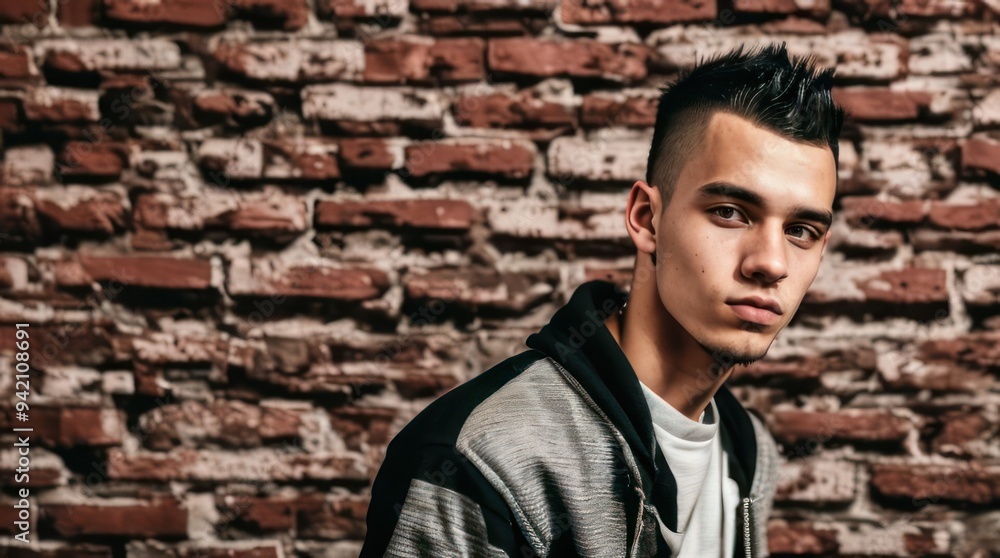 Obraz premium Young man on the background of a brick wall. Generative AI