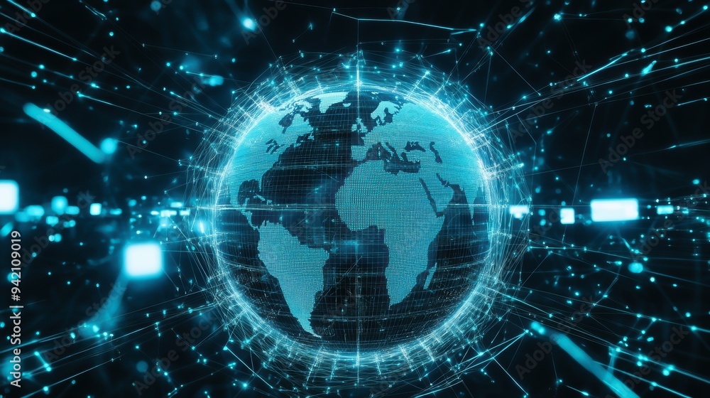 Obraz premium A digital representation of the Earth surrounded by glowing data lines, symbolizing connectivity and technology in a global network