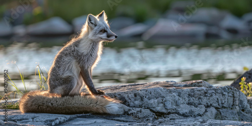 Juvenile arctic fox sitting on rocky shore with water in background, soft evening light highlighting its fur