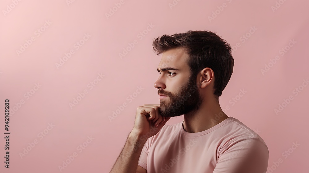 A man with a rugged appearance, looking down with a thoughtful expression on a pale pink background. A man with a rugged appearance, looking down with a thoughtful expression on a pale pink background.