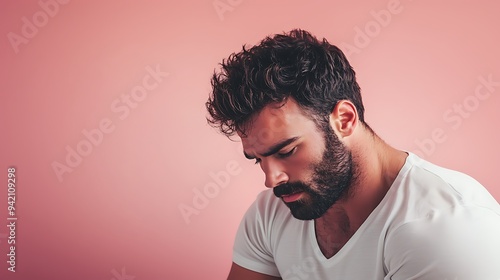 A man with a rugged appearance, looking down with a thoughtful expression on a pale pink background.