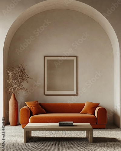 Minimalist living room with orange sofa in Scandinavian style