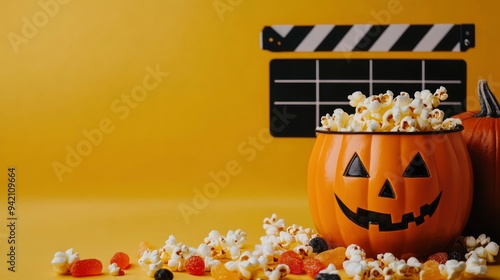 Halloween, rick or treat candies, popcorn pumpkin bucket, movie clapper board, copy space in yellow background with generative ai