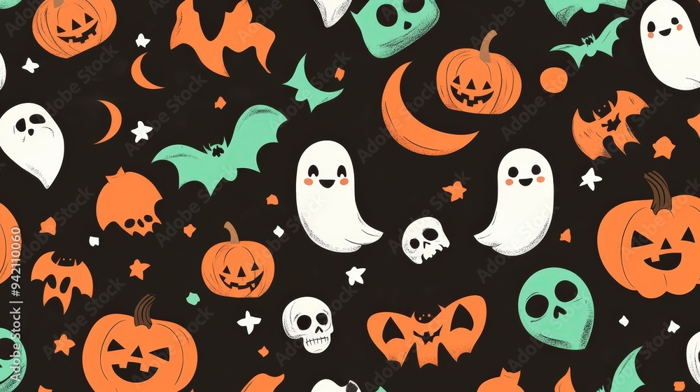 A festive Halloween-themed pattern featuring ghosts, pumpkins, bats, and skulls. A festive Halloween-themed pattern featuring ghosts, pumpkins, bats, and skulls.