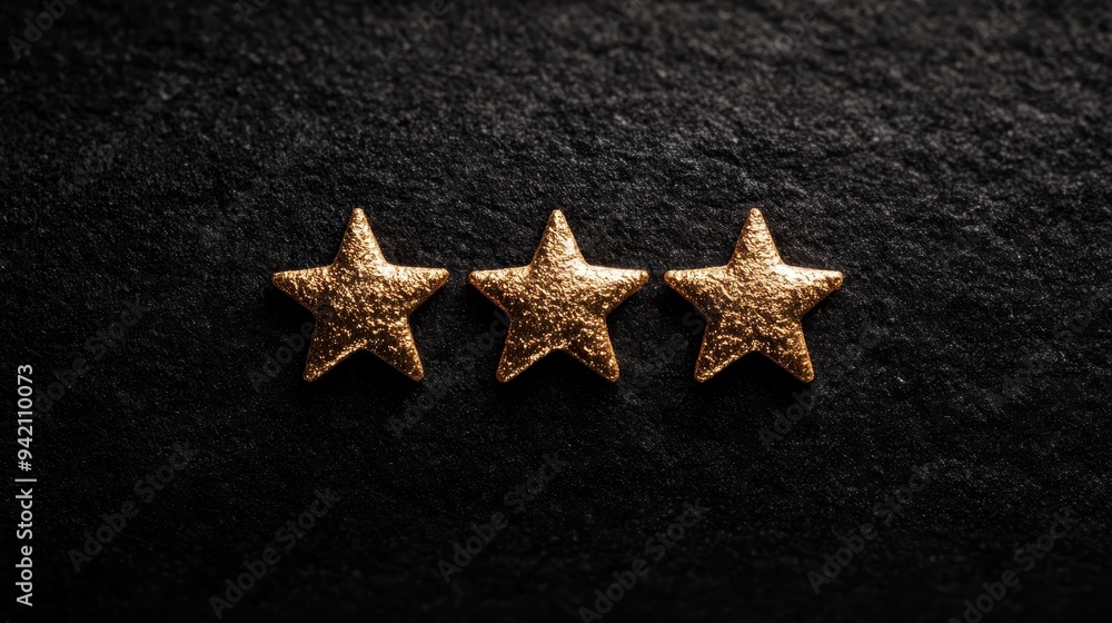 Three gold stars arranged in a row against a heavily textured dark surface, symbolizing quality, excellence, or rating within a minimalistic and clean design. Three gold stars arranged in a row against a heavily textured dark surface, symbolizing quality, excellence, or rating within a minimalistic and clean design.