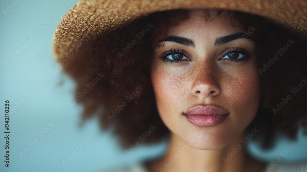 A portrait of a woman with curly hair and freckles, wearing a sun hat and a neutral expression, capturing her natural beauty and unique features in a modern style. A portrait of a woman with curly hair and freckles, wearing a sun hat and a neutral expression, capturing her natural beauty and unique features in a modern style.