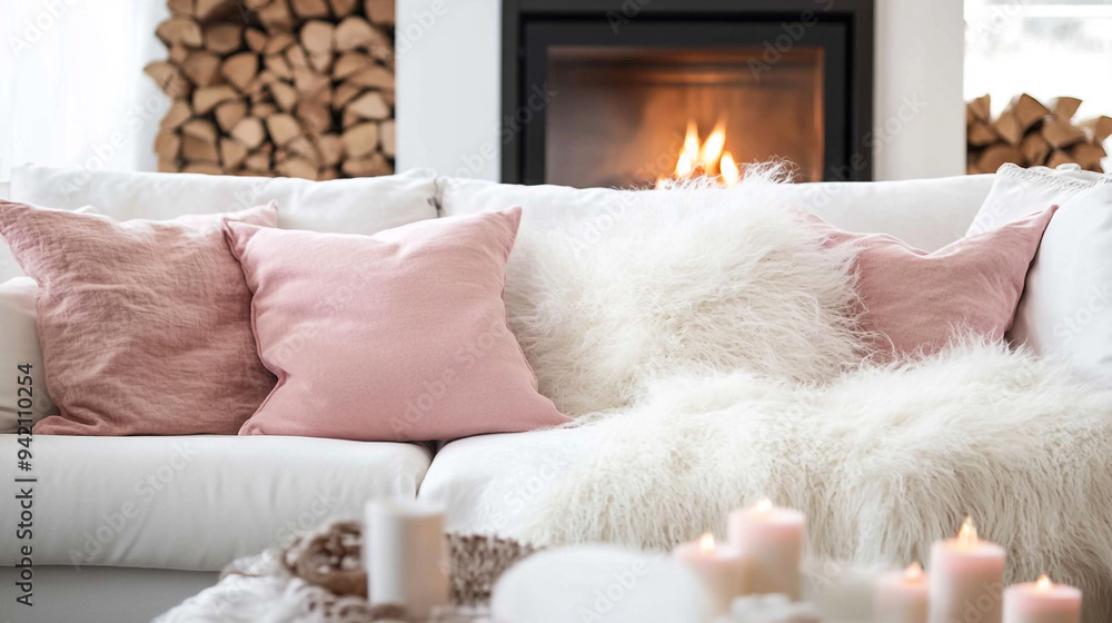 Obraz premium Cozy living room with soft pink pillows and a fur throw in front of a warm fireplace during winter evenings