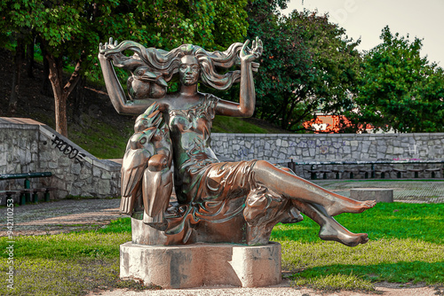 Photography the statue of Medusa welcomes tourists along the route to reach Bratislava Castl