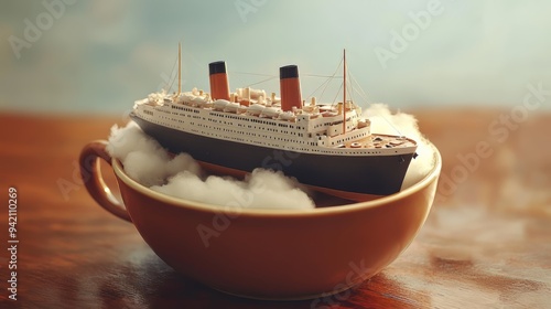 Miniature Ship in a Teacup: A tiny model of a vintage ocean liner, resting on a cloud of cotton in a vintage ceramic teacup, evokes a sense of wonder and the vastness of the sea, all in miniature.   photo