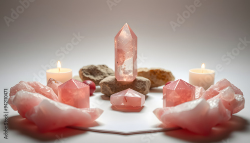 Healing reiki chakra crystals therapy. Alternative rituals with rose quartz for wellbeing, meditation, relaxation, mental health, spiritual practices. Energetical power concept isolated with white h photo