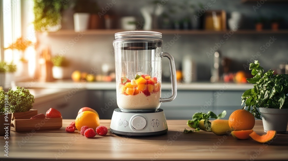 A blender with fruit in a kitchen setting. This photo can be used for advertising healthy eating, smoothies, and healthy living. A blender with fruit in a kitchen setting. This photo can be used for advertising healthy eating, smoothies, and healthy living.