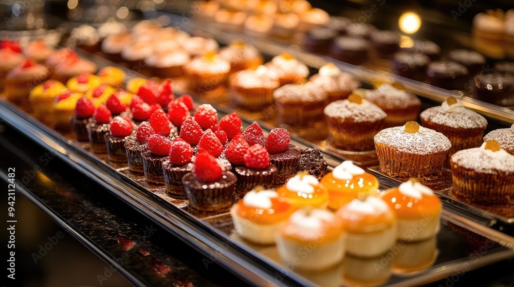 A variety of pastries displayed on a silver tray. This image is perfect for illustrating a bakery or dessert theme. A variety of pastries displayed on a silver tray. This image is perfect for illustrating a bakery or dessert theme.