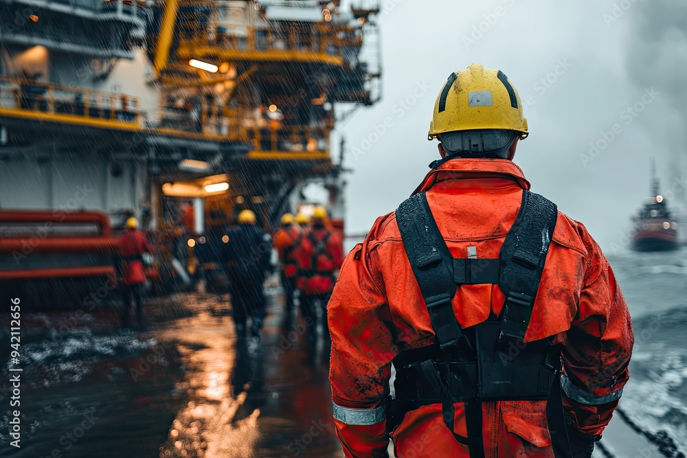 A worker in safety gear looks out at a storm. This photo represents the harsh conditions often faced by offshore workers. A worker in safety gear looks out at a storm. This photo represents the harsh conditions often faced by offshore workers.