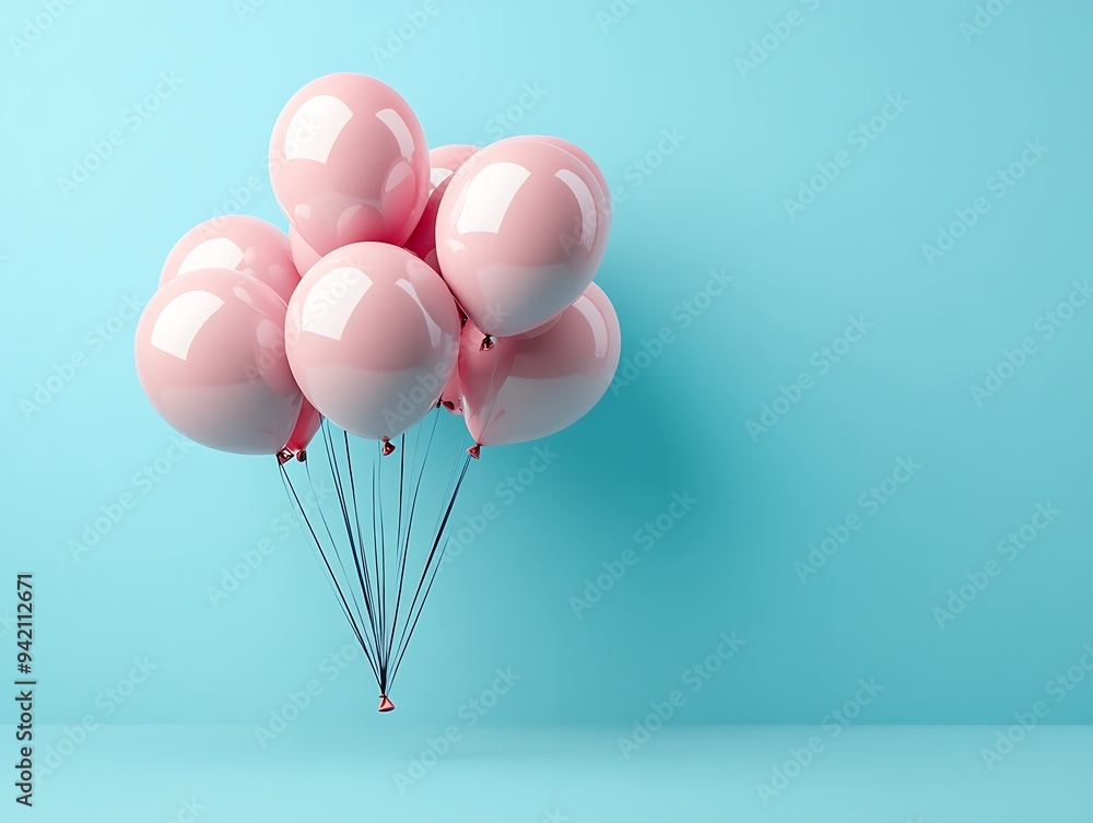 Cluster of Glossy Pink Balloons Against a Soft Turquoise Background Cluster of Glossy Pink Balloons Against a Soft Turquoise Background