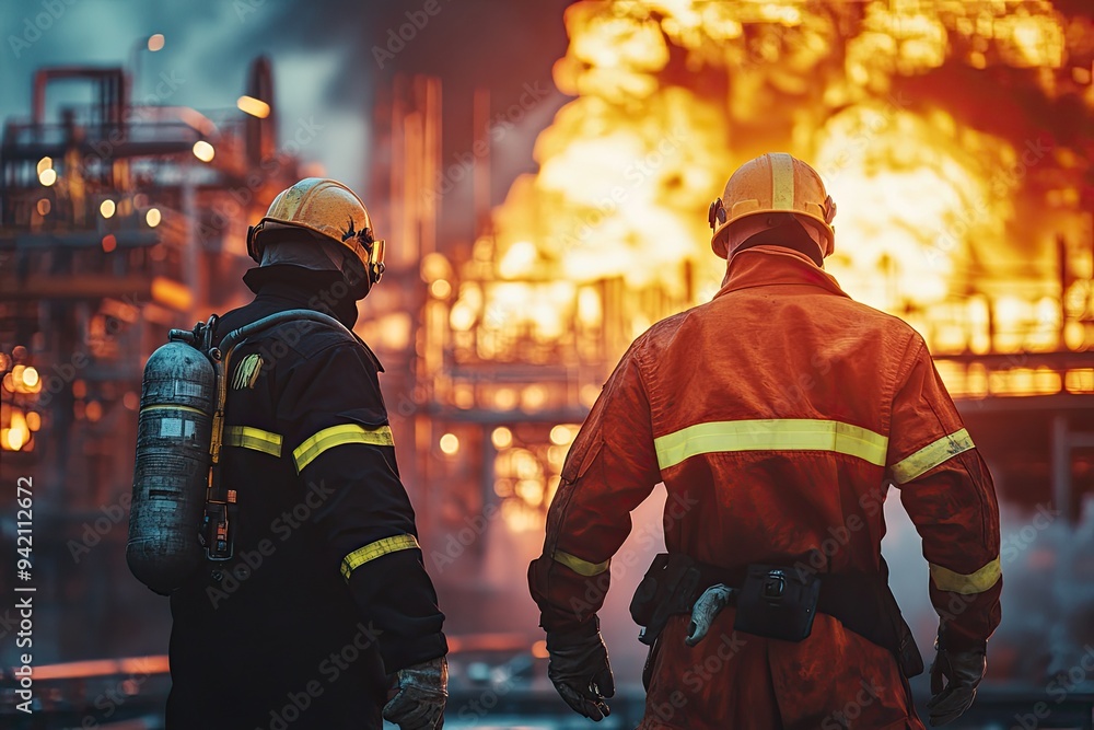 Two firefighters face a large fire. This image represents the bravery and dedication of firefighters. Two firefighters face a large fire. This image represents the bravery and dedication of firefighters.