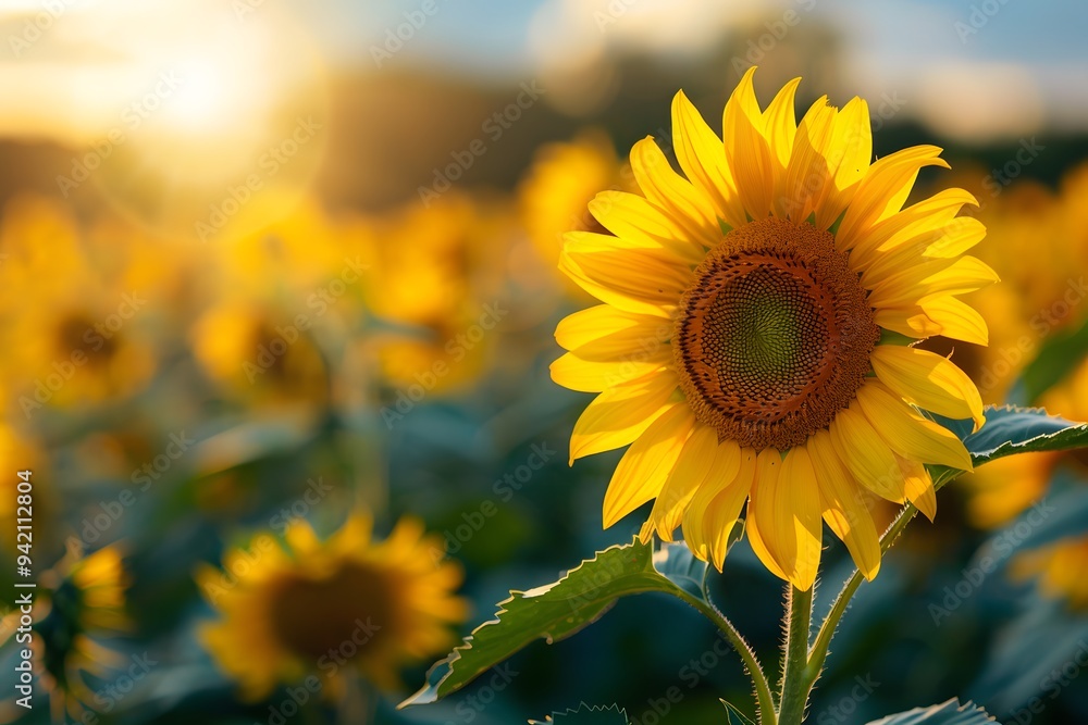 Fototapeta premium Vibrant Sunflower in a Golden Field at Sunset