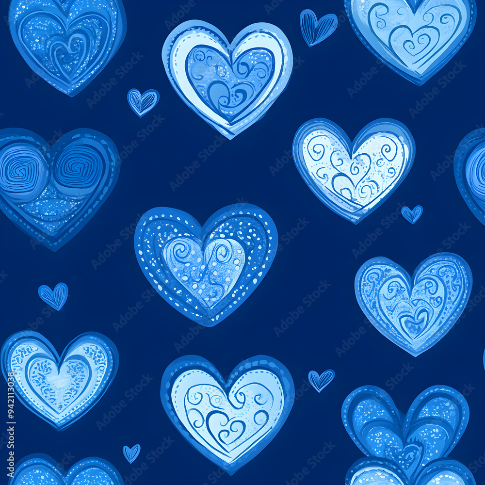 Hearts accentuated in a blue seamless pattern within the image Hearts accentuated in a blue seamless pattern within the image