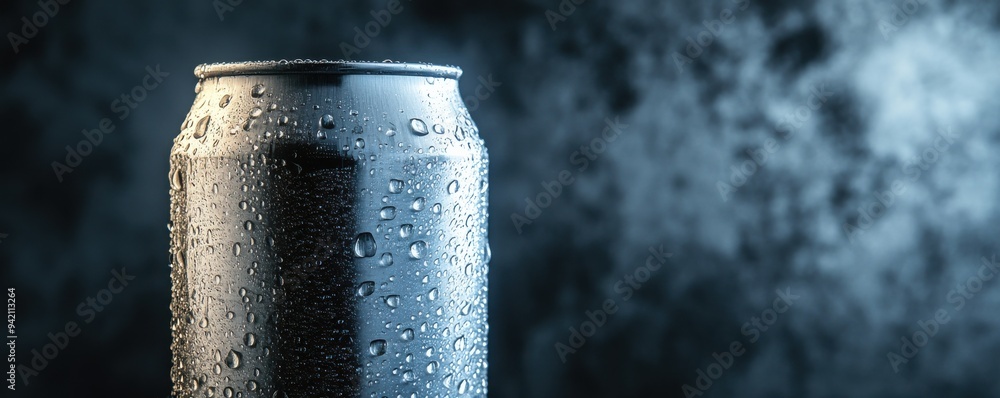 Close-up of a cold aluminum beer can covered in condensation droplets against a dark textured background, capturing the refreshing and crisp appeal of a chilled beverage. Close-up of a cold aluminum beer can covered in condensation droplets against a dark textured background, capturing the refreshing and crisp appeal of a chilled beverage.
