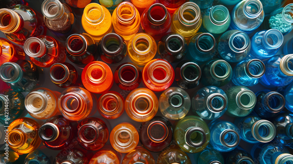 Top view of colorful glass bottles arranged closely together. Top view of colorful glass bottles arranged closely together.