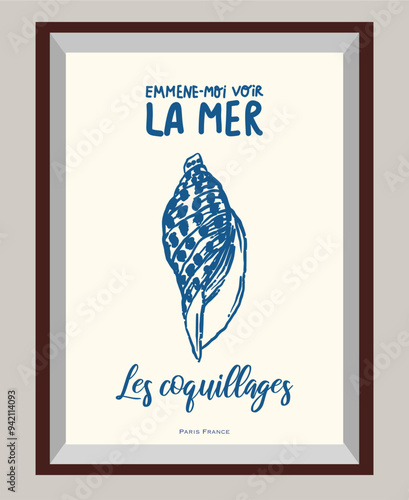Seashell sketch  in boho style poster. Translation take me to see the sea. Hand drawn minimal design. Perfect for wallpaper, template, banner, wall decor, print, postcard, cover. Vector illustration 