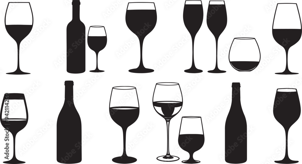 Set of wine bottle silhouette isolated on white background Set of wine bottle silhouette isolated on white background