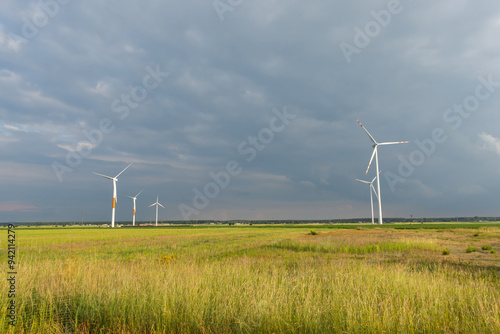 Distant white wind turbines against a dramatic cloudy sky. Meadow in the foreground, taken late afternoon