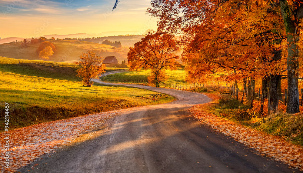 Obraz premium A picturesque country road winding through a hilly landscape, flanked by trees in full autumn colors. The vibrant foliage creates a stunning backdrop