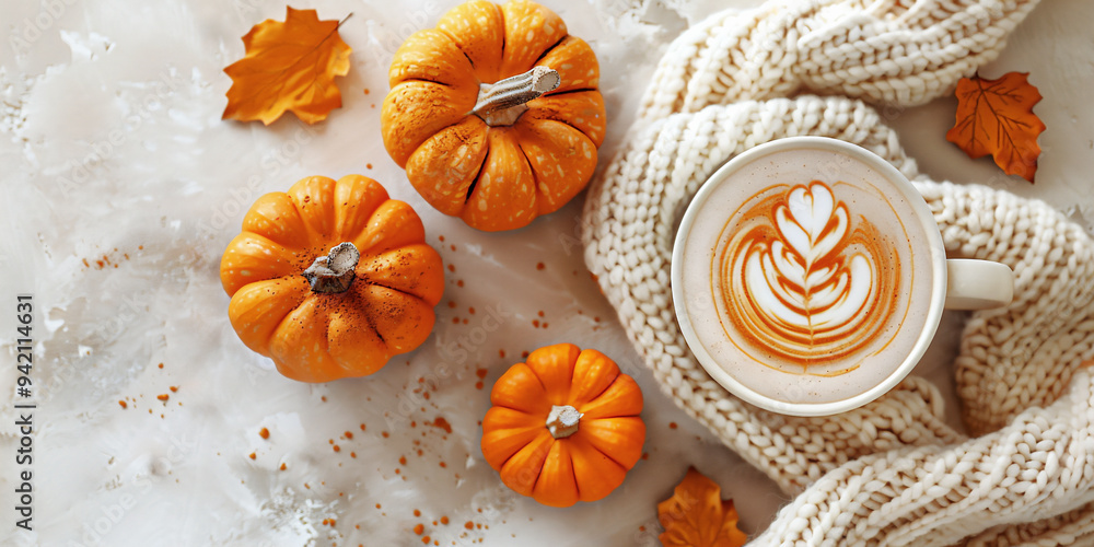 Feminine flat lay with cup of coffee, cozy ivory colored sweater and autumnal decor on a pastel background. Great design with copy space. Feminine flat lay with cup of coffee, cozy ivory colored sweater and autumnal decor on a pastel background. Great design with copy space.
