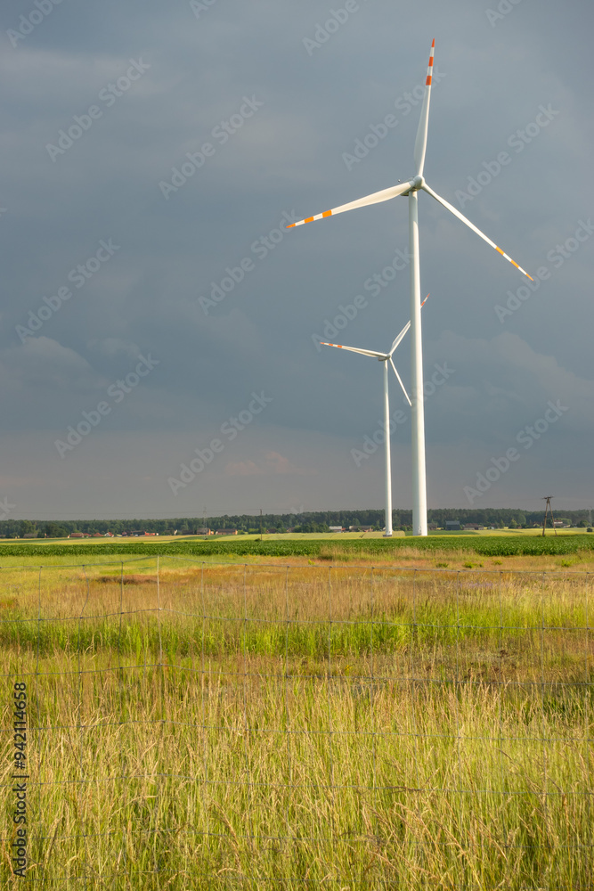 Distant white wind turbines against a dramatic cloudy sky. Meadow in the foreground, taken late afternoon