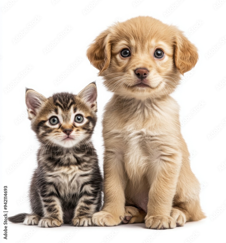 A puppy and a kitten sit together on a white background A puppy and a kitten sit together on a white background