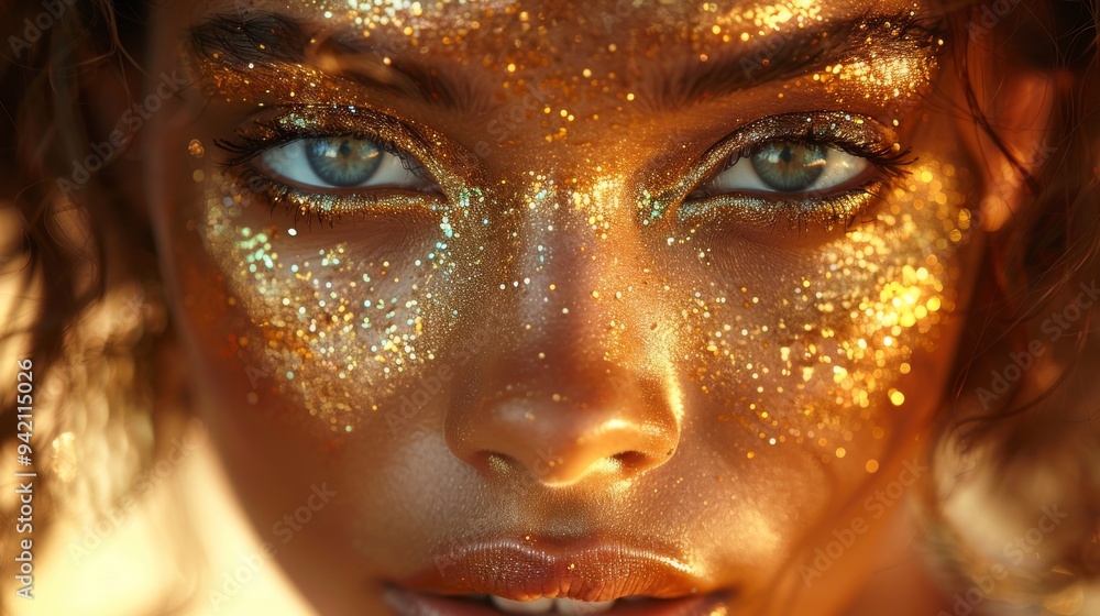 close up of model face with golden paint close up of model face with golden paint