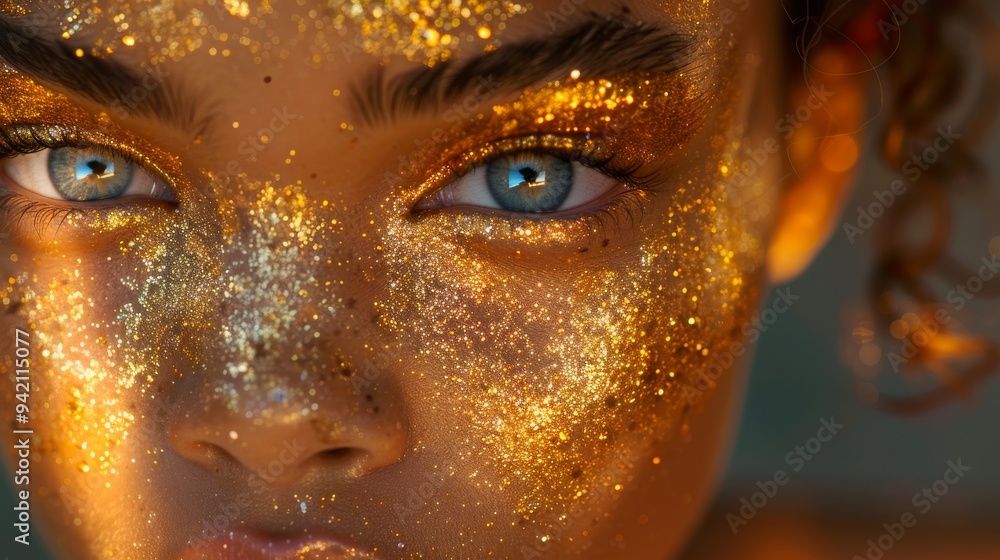 close up of model face with golden paint close up of model face with golden paint