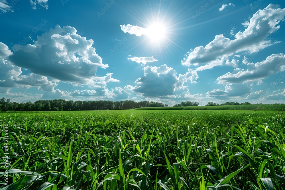 Lush Green Fields Under a Bright Blue Sky with Fluffy Clouds Lush Green Fields Under a Bright Blue Sky with Fluffy Clouds