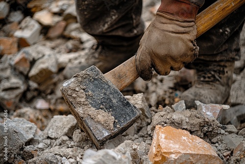 Worker using a sledgehammer to demolish. This image depicts hard labor and the demolition process.