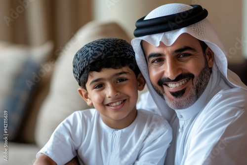 Happy Middle Eastern father and son on Kandura. Arab father and son together at home keeping safe from COVID pandemic virus outbreak doing self quarantine. with generative ai