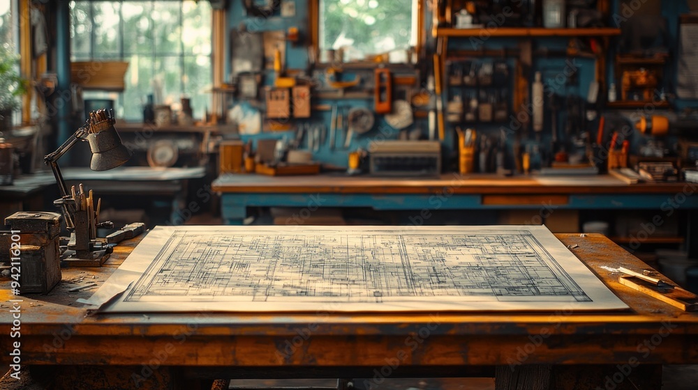 Blueprint on a Workshop Table