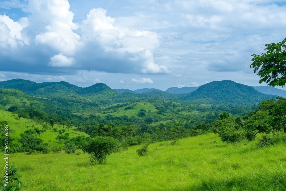 A lush green field with a cloudy sky in the background. The sky is filled with clouds, giving the scene a peaceful and serene atmosphere A lush green field with a cloudy sky in the background. The sky is filled with clouds, giving the scene a peaceful and serene atmosphere