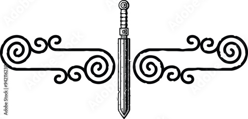 Celtic Curved Spiral Lines Border, Header, Footer - Roman Gladius Sword
