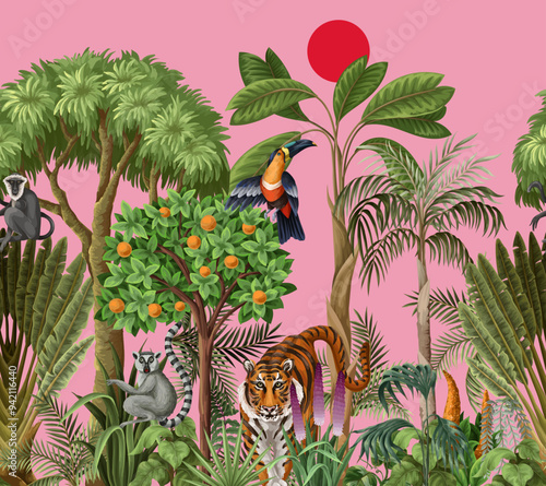 Landscape with jungle trees and animals for kids wallpapers. Vector.