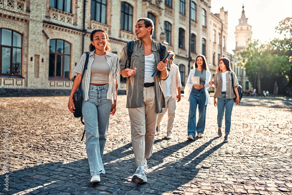 Obraz premium Young college students walking on campus after classes. The joy of successfully passing the exams. A group of young people at the university outside.