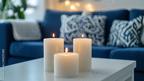 Cozy living room with lit white candles on a table surrounded by decorative pillows and soft lighting in the evening