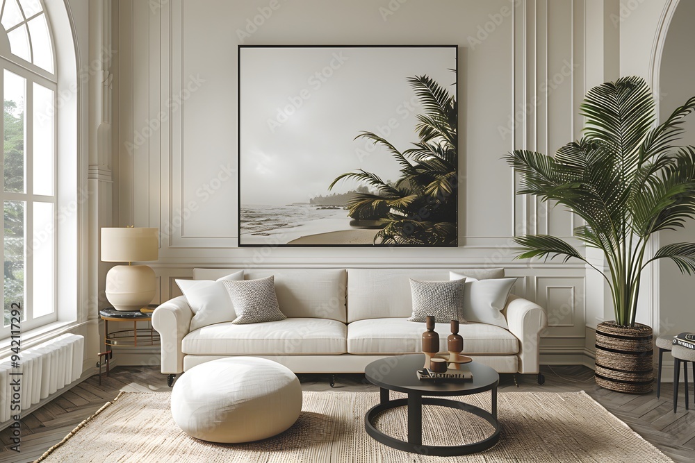 Elegant Living Room with Coastal Artwork and Natural Elements Elegant Living Room with Coastal Artwork and Natural Elements