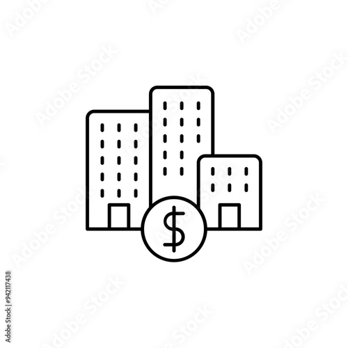 Urban Financial District Icon - Commercial Real Estate Investment Symbol, Minimalist Cityscape Line Drawing for Business