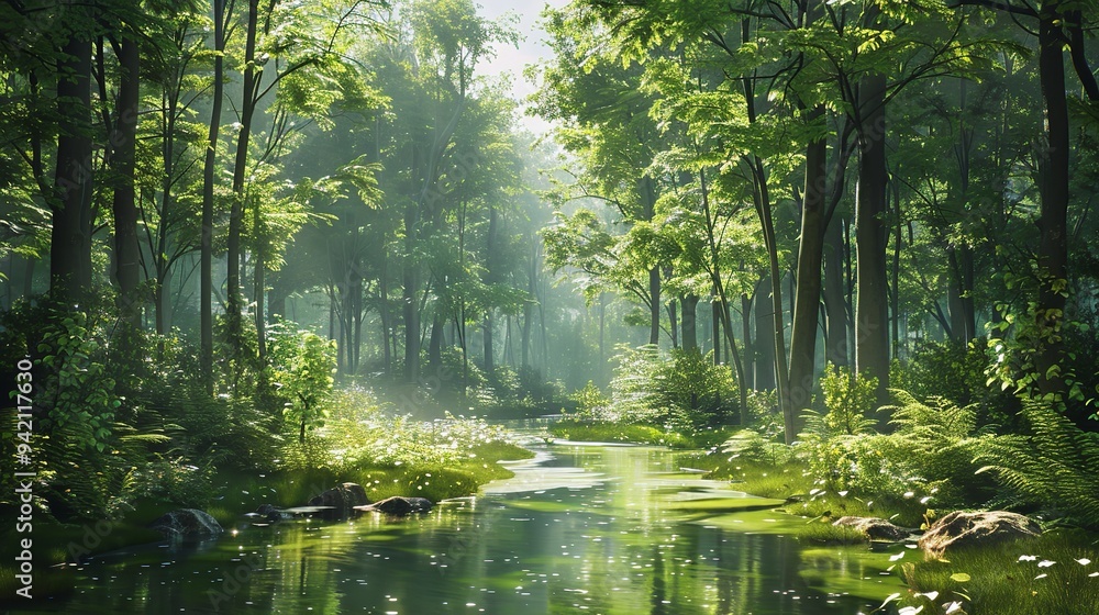Peaceful Woodland Stream with Dappled Light and Verdant Foliage Peaceful Woodland Stream with Dappled Light and Verdant Foliage