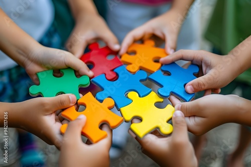 Collaborative Play: Children Assembling Colorful Puzzle Pieces Together