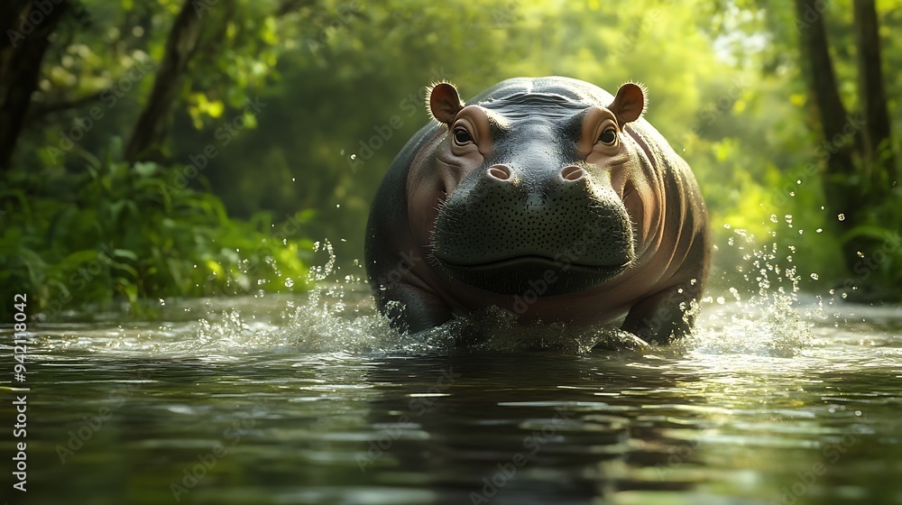 Fototapeta premium A pygmy hippopotamus emerging from a forest stream.