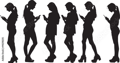 set of woman with cellphone silhouette white background